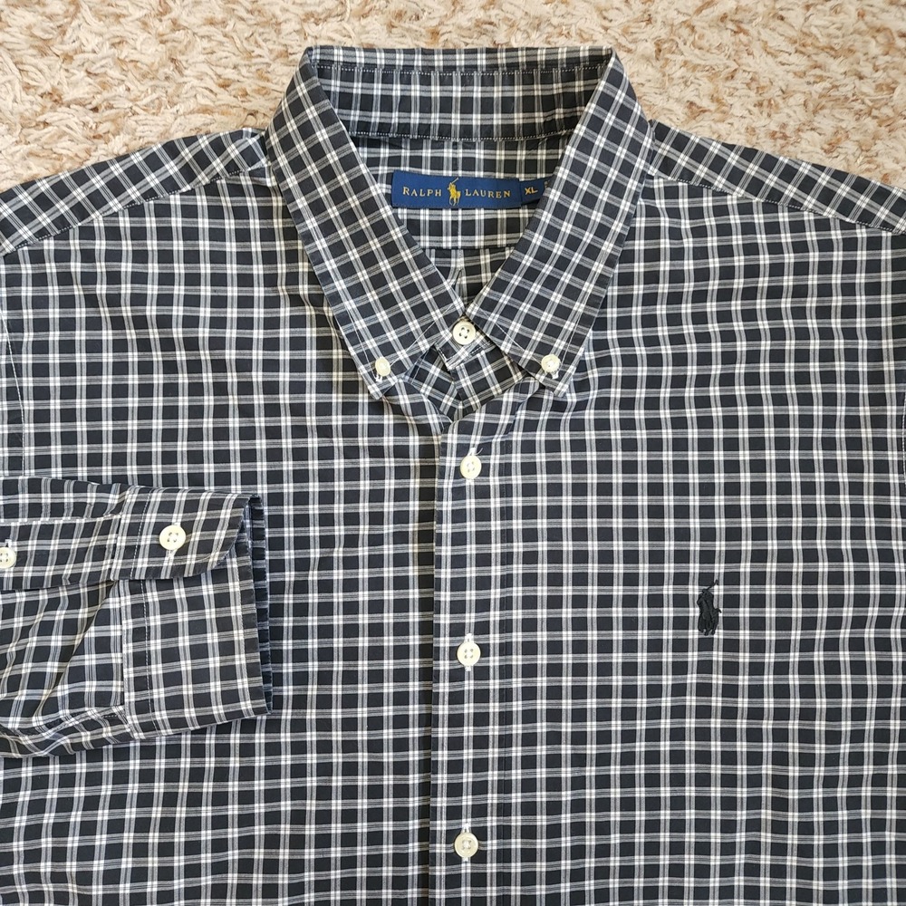 Ralph Lauren Black White Gray Plaid Men Sz XL Oxford Long‎ Sleeve Button Up